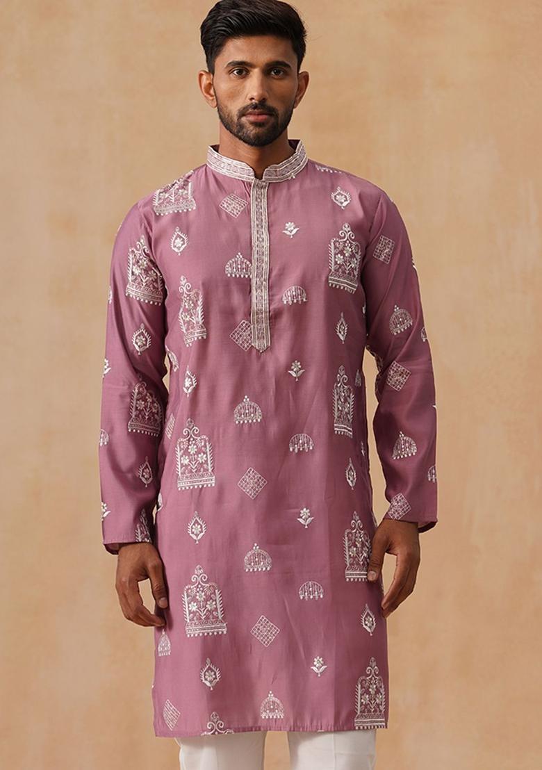 Pink Woven Design Silk Kurta For Men - Indya
