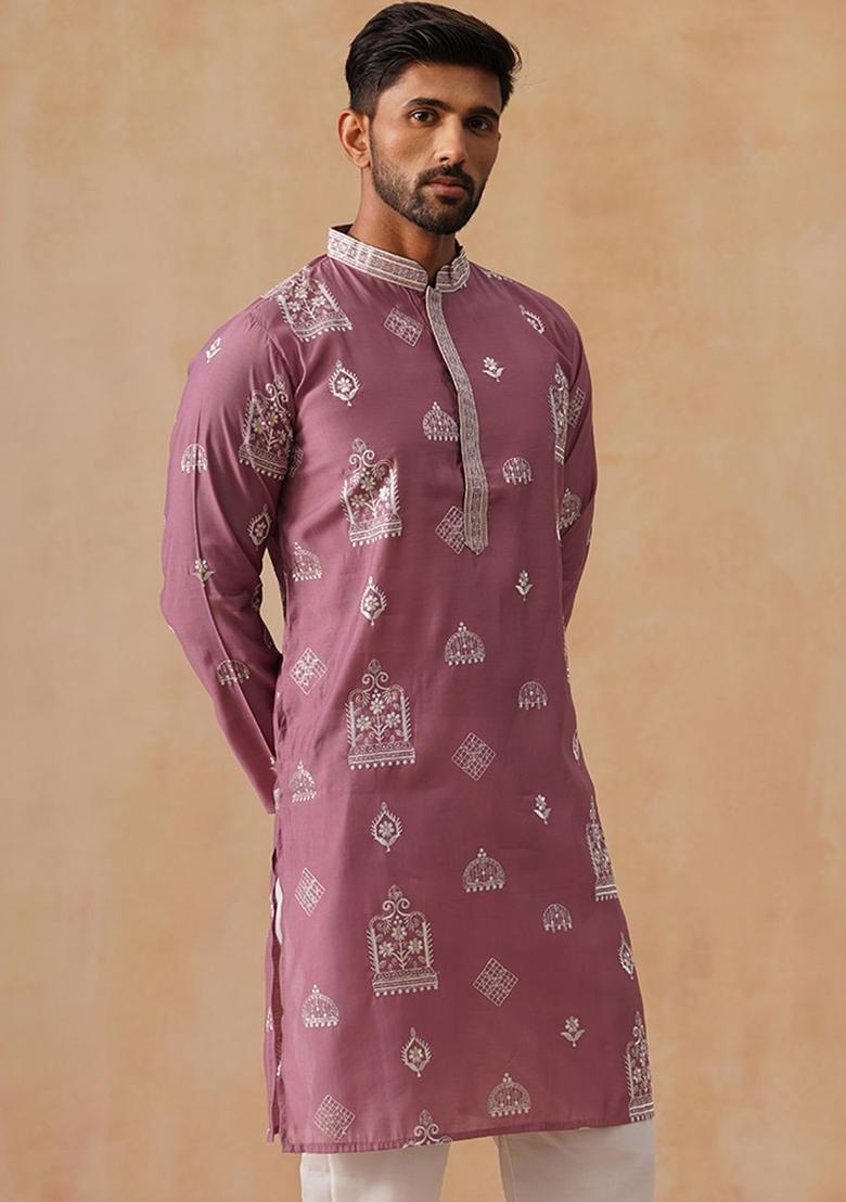 Pink Woven Design Silk Kurta For Men - Indya