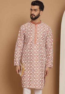 Peach Embroidered Cotton Kurta For Men