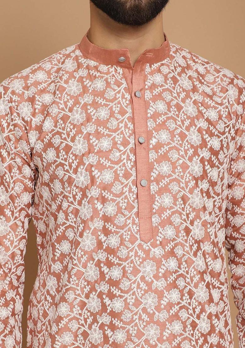 Peach Embroidered Cotton Kurta For Men - Indya