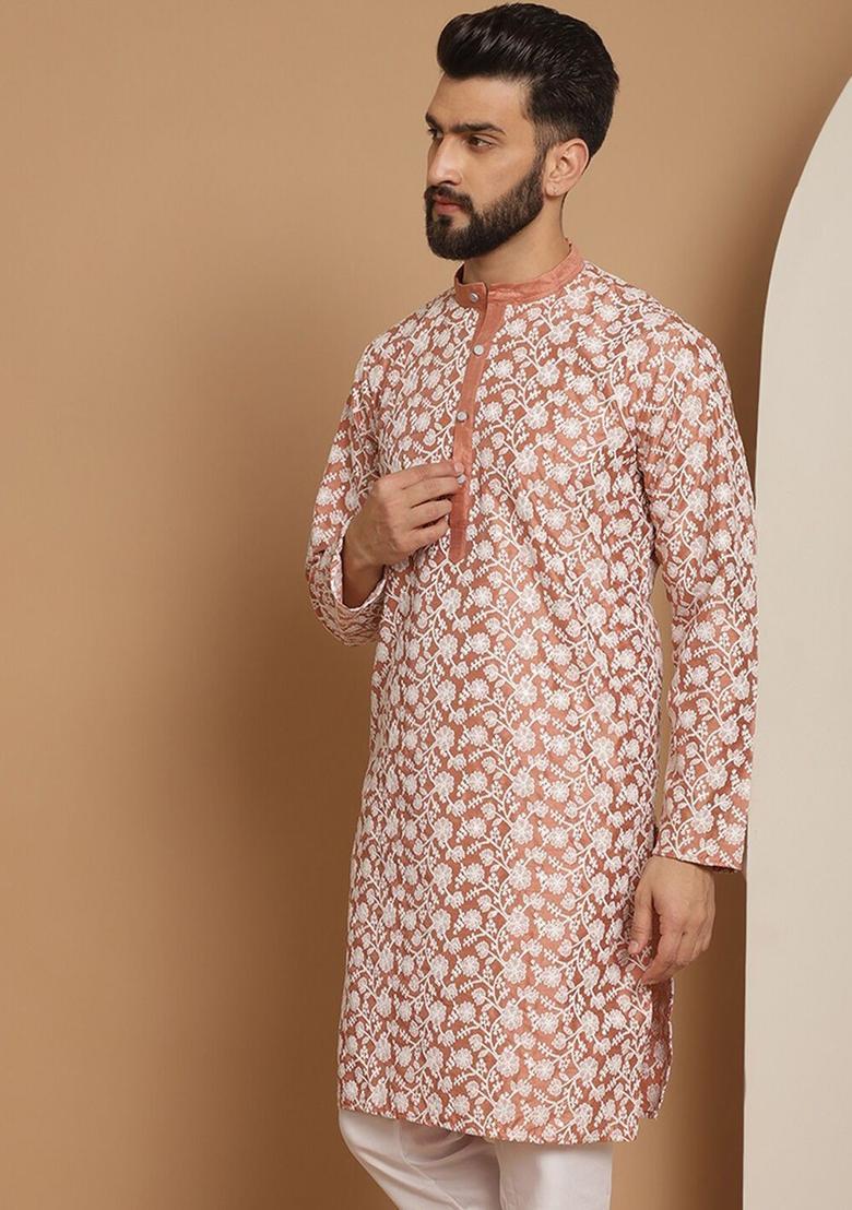 Peach Embroidered Cotton Kurta For Men - Indya