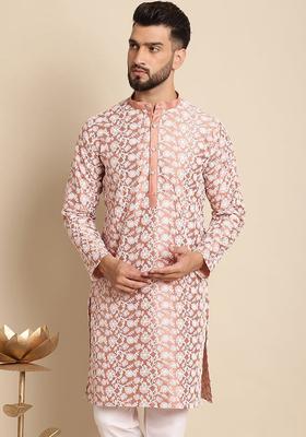 Peach Embroidered Cotton Kurta For Men