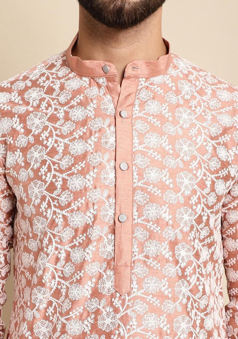 Peach Embroidered Cotton Kurta For Men - Indya
