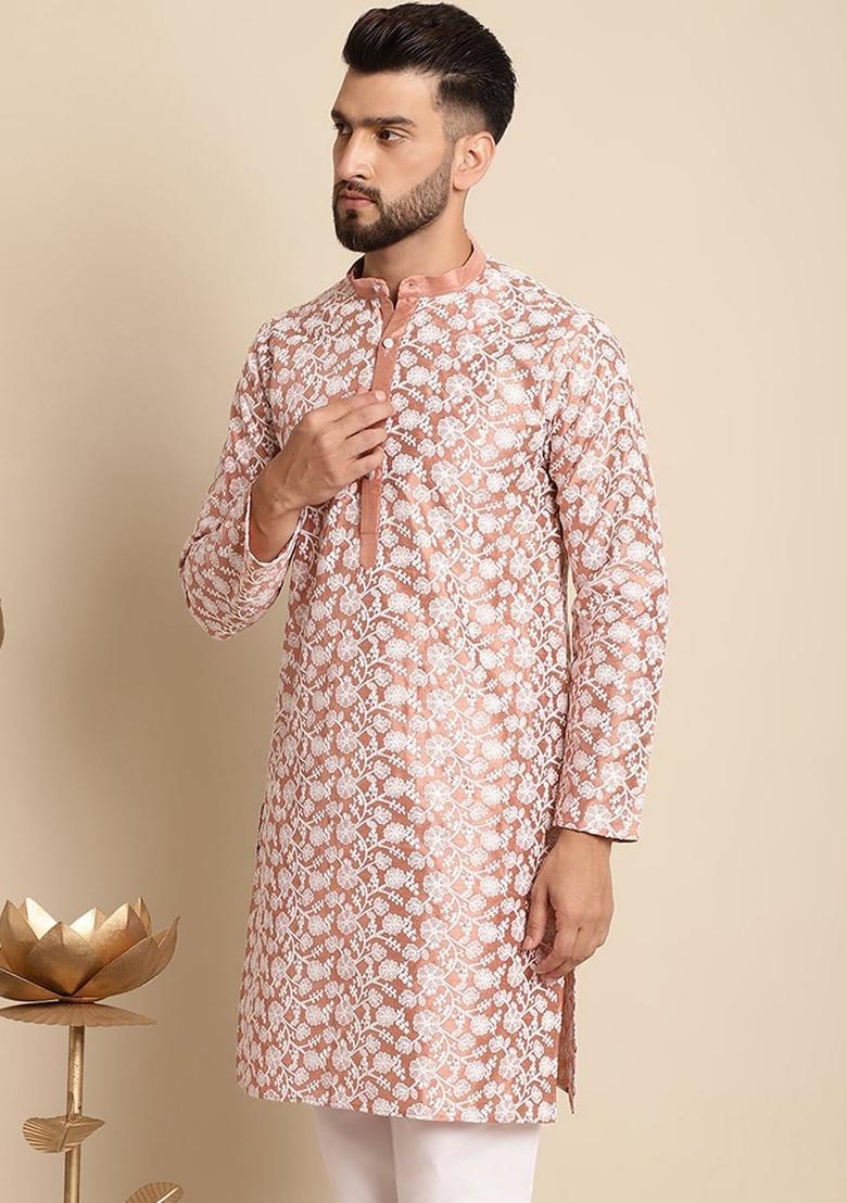Peach Embroidered Cotton Kurta For Men - Indya