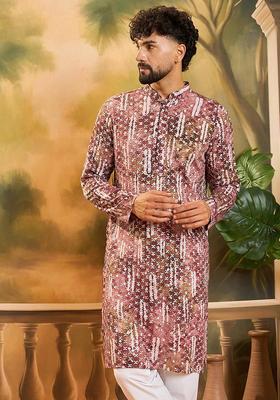 Brown Embroidered Viscose Kurta For Men