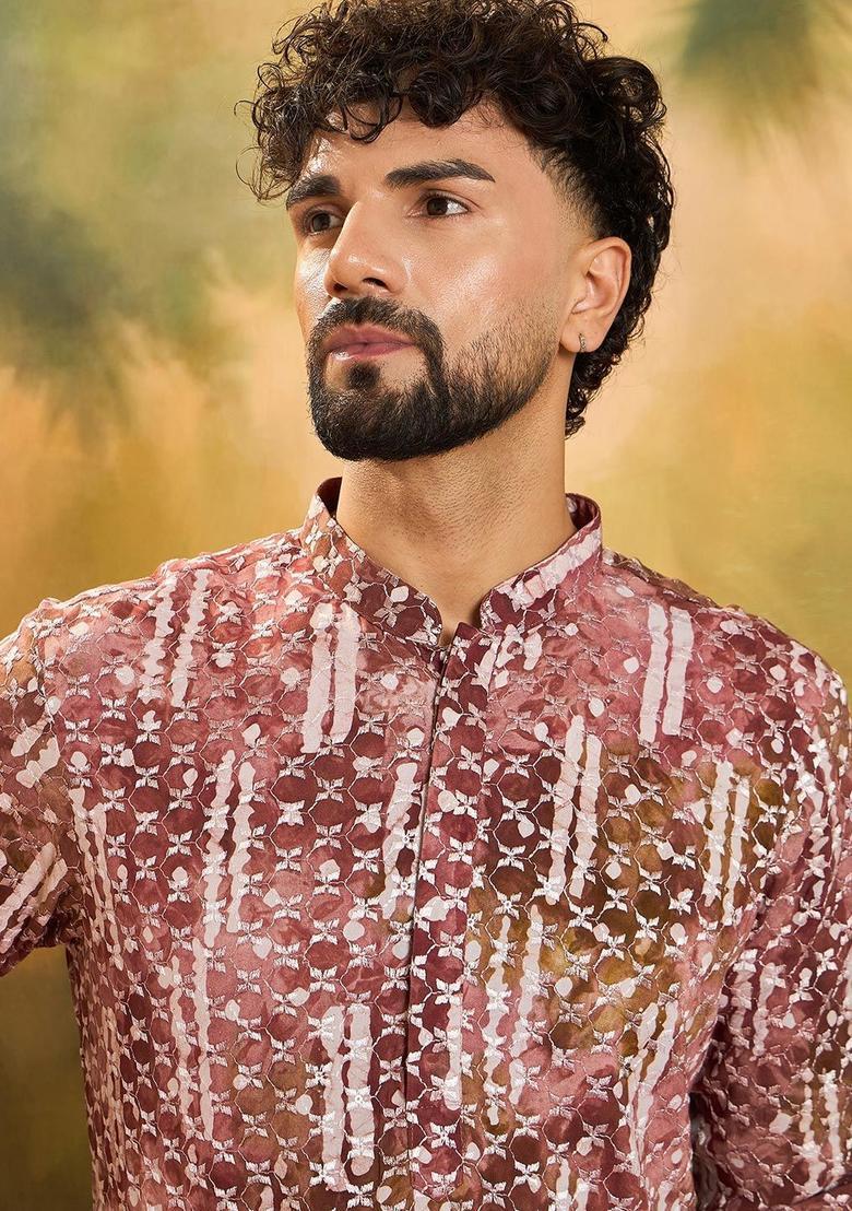 Brown Embroidered Viscose Kurta For Men - Indya