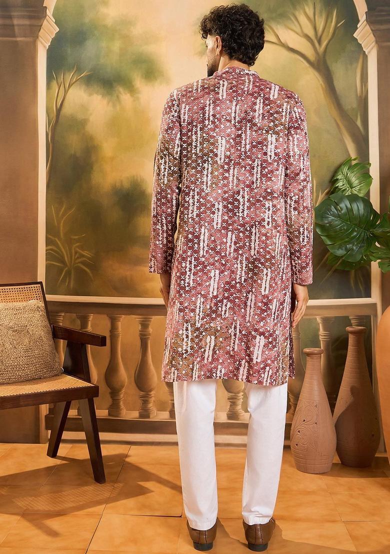 Brown Embroidered Viscose Kurta For Men - Indya