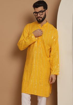 Yellow Woven Design Cotton Kurta For Men