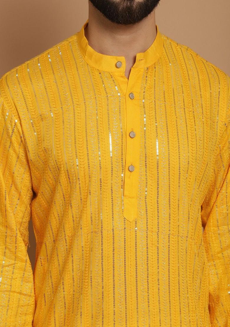 Yellow Woven Design Cotton Kurta For Men - Indya