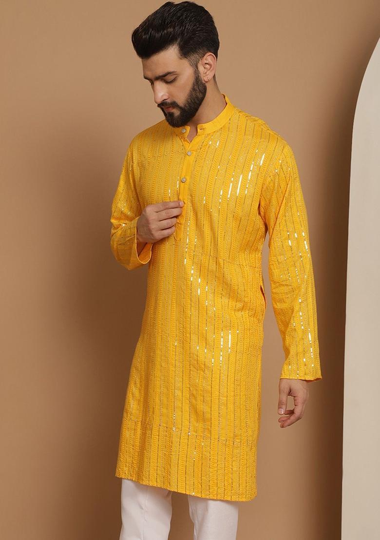 Yellow Woven Design Cotton Kurta For Men - Indya