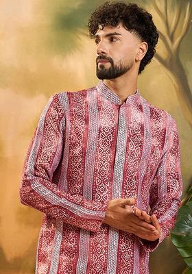 Red Embroidered Viscose Kurta For Men
