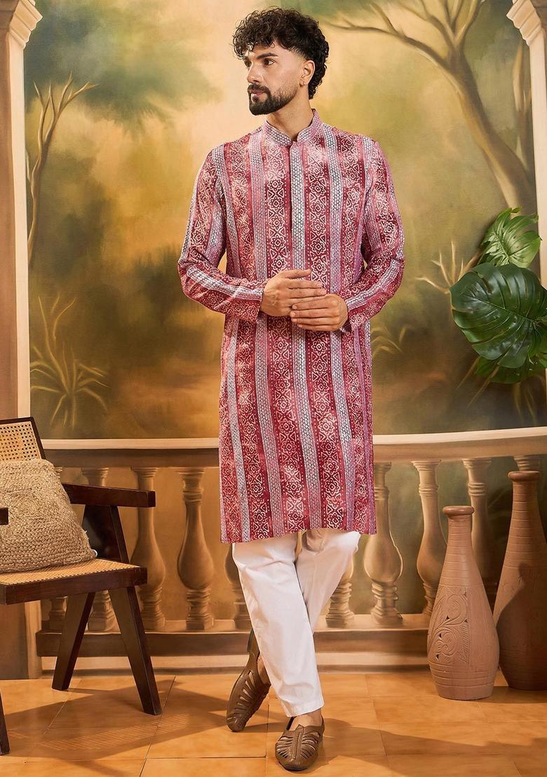 Red Embroidered Viscose Kurta For Men - Indya