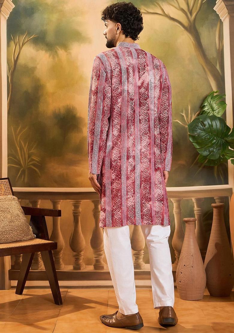 Red Embroidered Viscose Kurta For Men - Indya