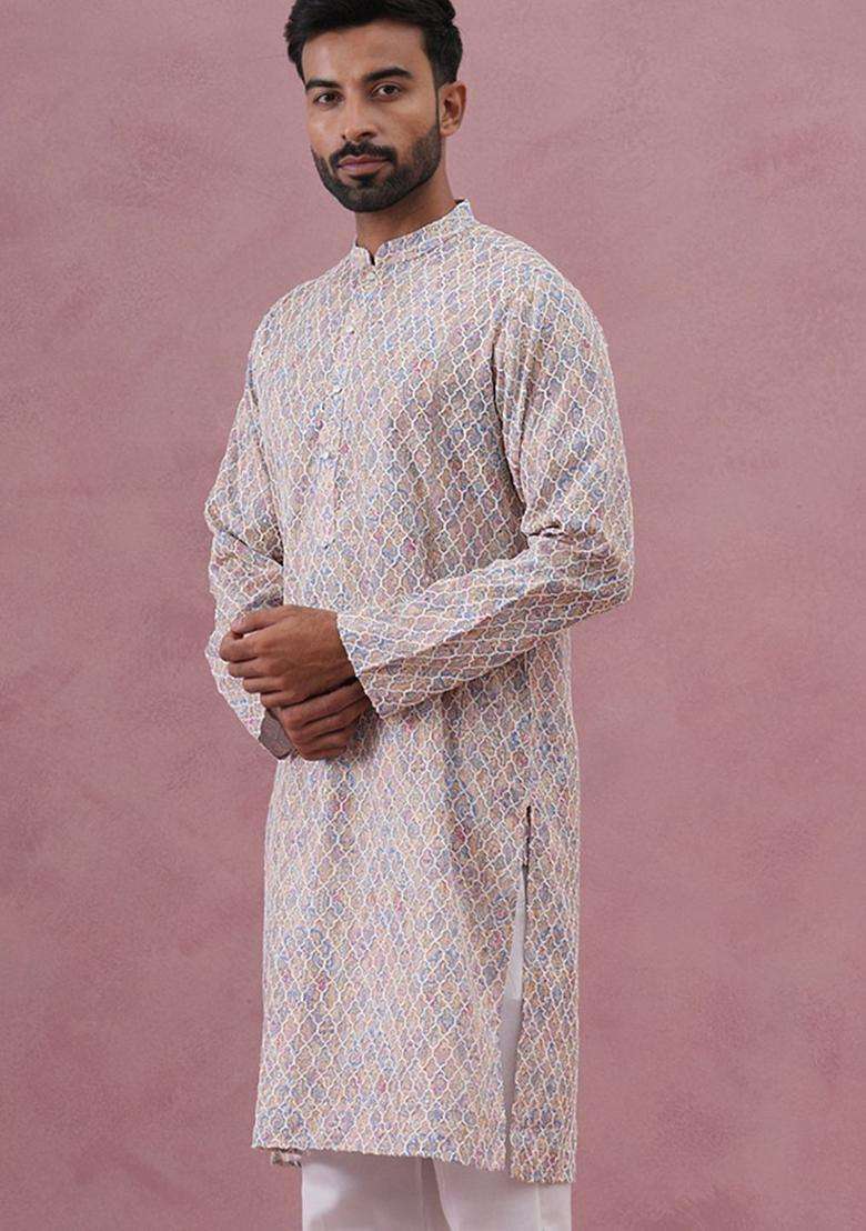 Multi Printed Silk Kurta For Men - Indya