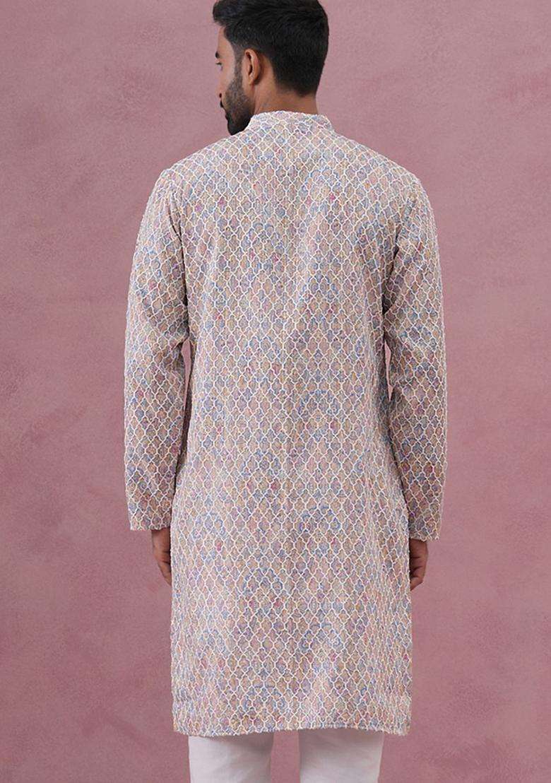 Multi Printed Silk Kurta For Men - Indya