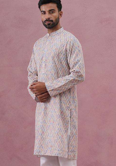 Multi Printed Silk Blend Kurta For Men