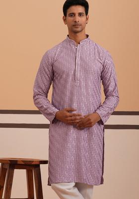Purple Woven Design Viscose Kurta For Men