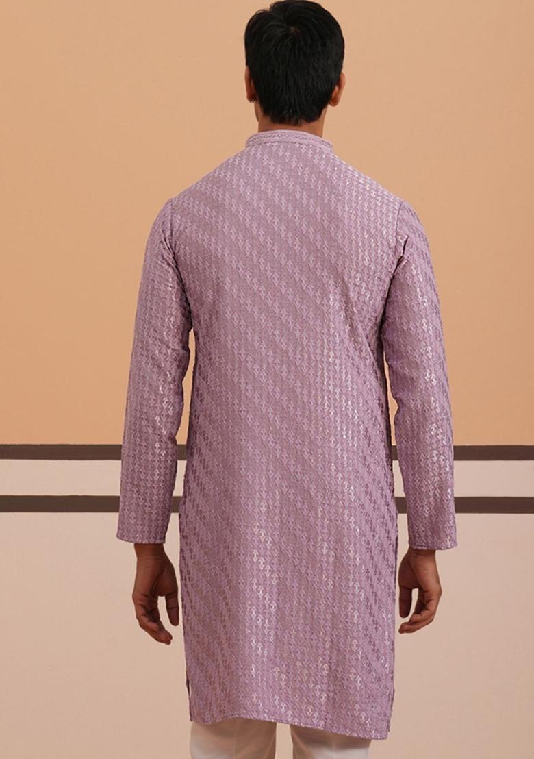 Purple Woven Design Viscose Kurta For Men - Indya