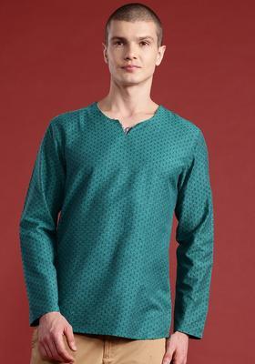 Green Woven Design Polyester Kurta For Men