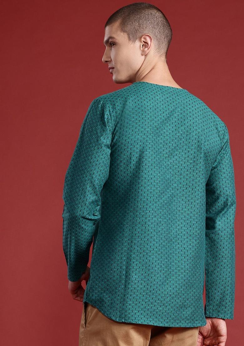 Green Woven Design Polyester Kurta For Men - Indya