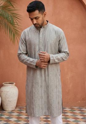 Grey Embroidered Silk Kurta For Men