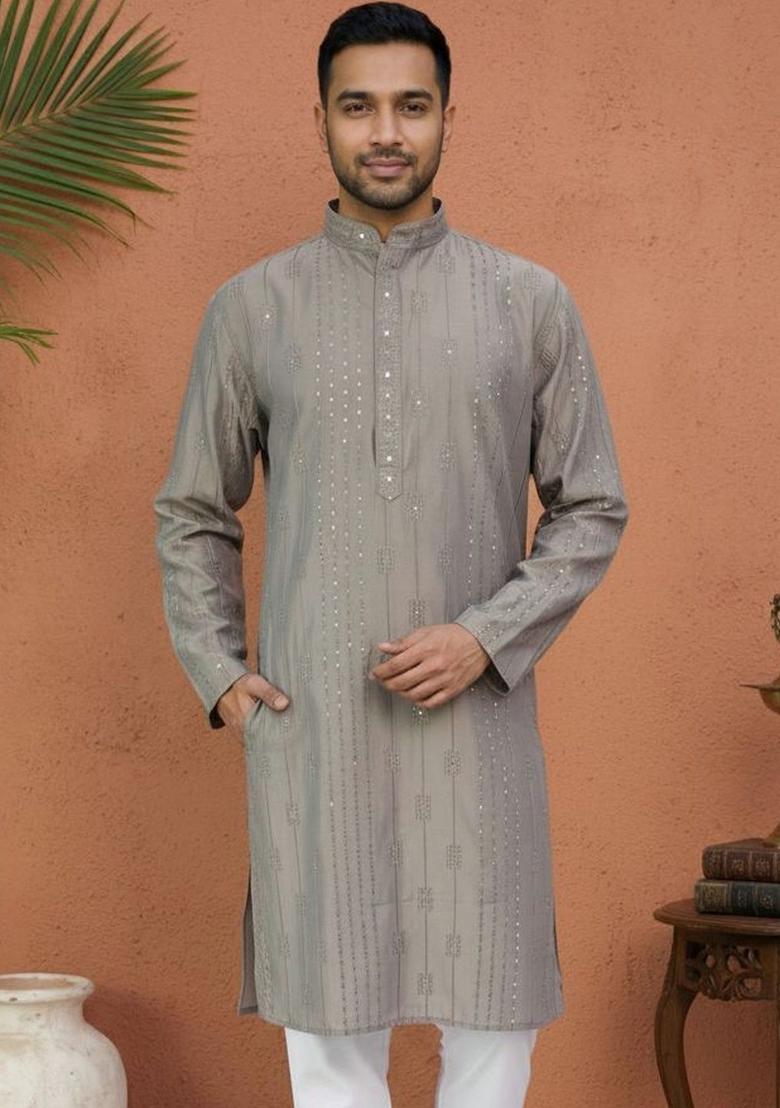 Grey Embroidered Silk Kurta For Men - Indya