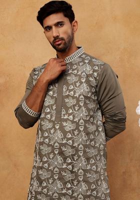 Grey Embroidered Silk Kurta For Men