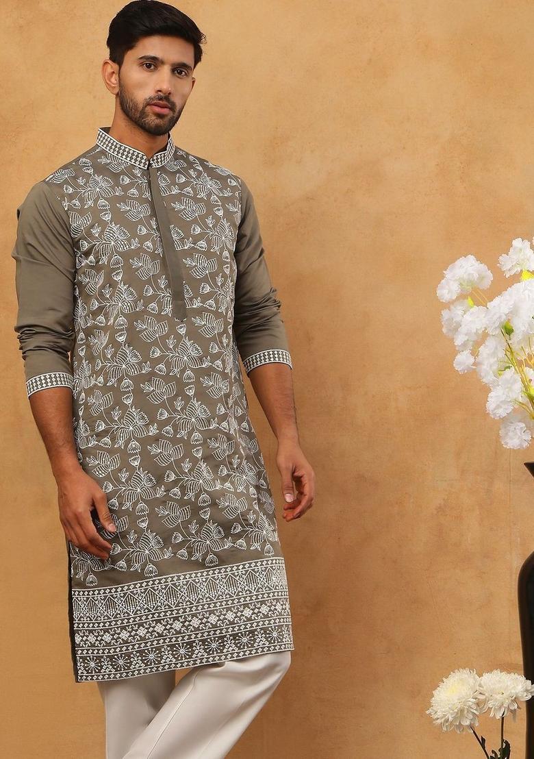 Grey Embroidered Silk Kurta For Men - Indya