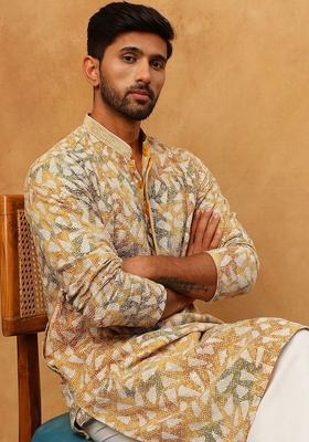 Yellow Embroidered Viscose Kurta For Men