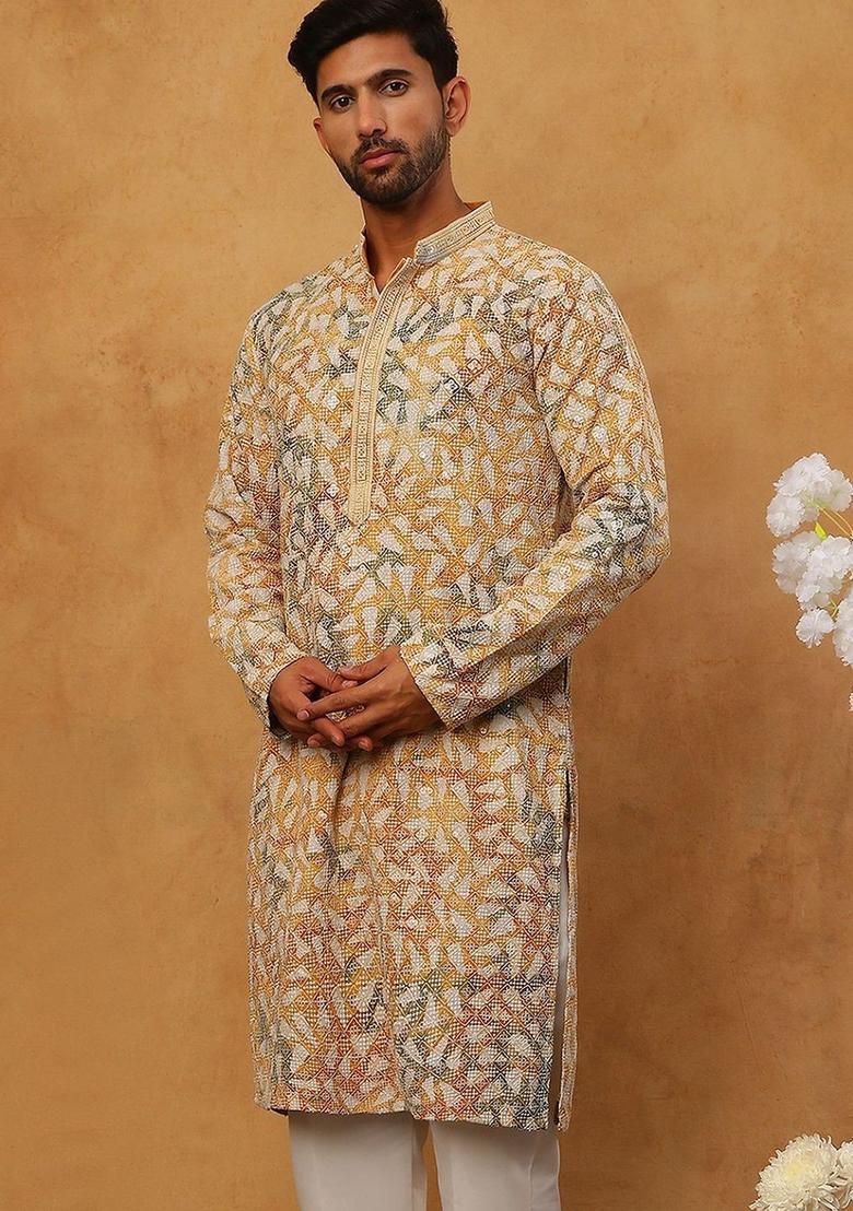 Yellow Embroidered Viscose Kurta For Men - Indya