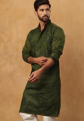 Olive Embroidered Silk Kurta For Men
