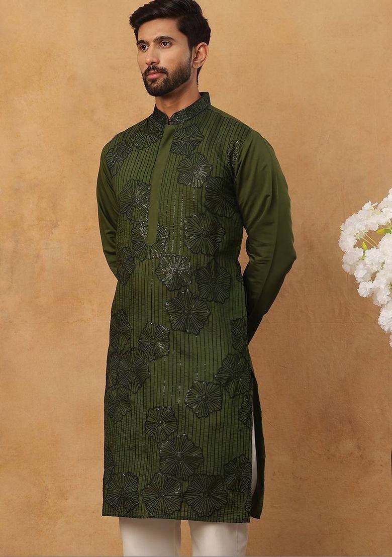 Olive Embroidered Silk Kurta For Men - Indya