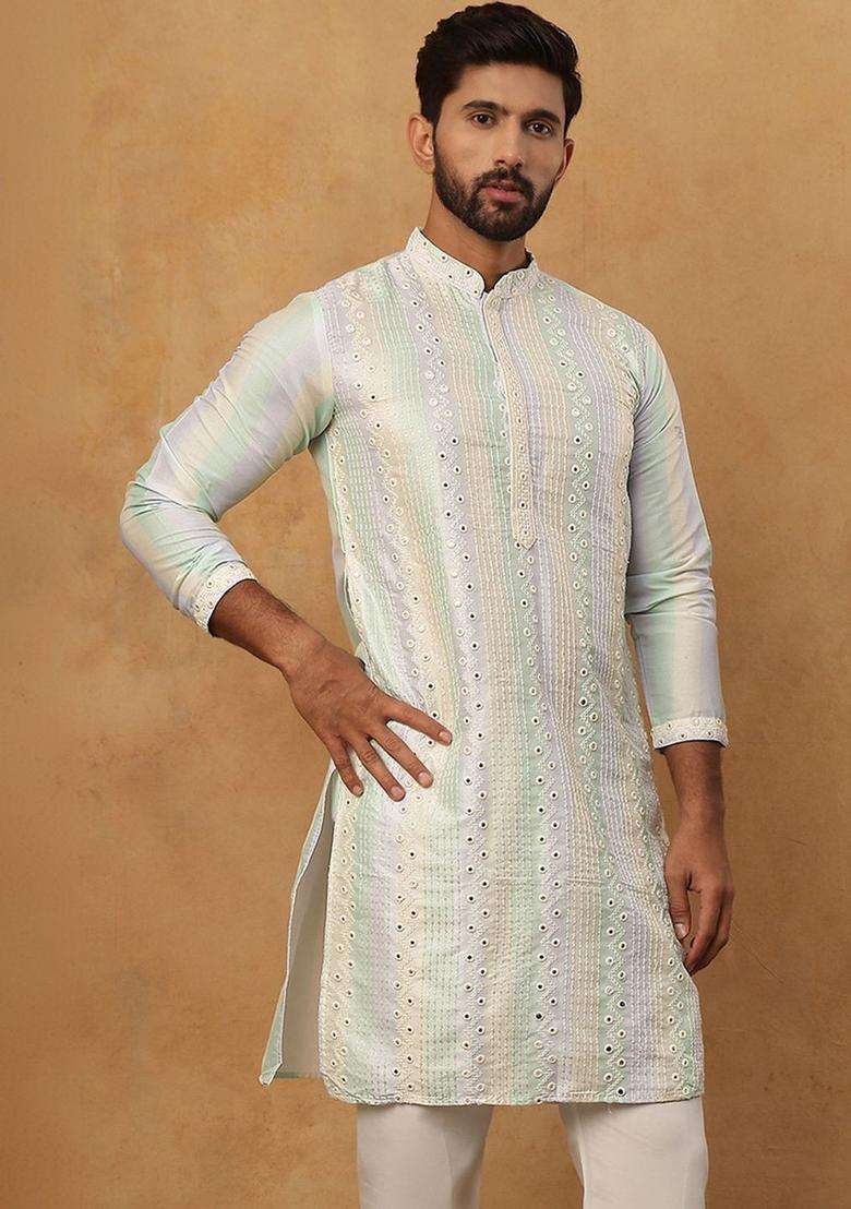 Multi Embroidered Silk Kurta For Men - Indya