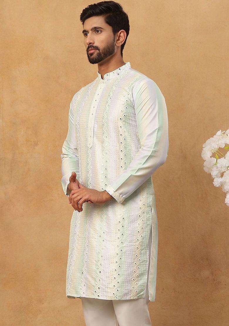 Multi Embroidered Silk Kurta For Men - Indya