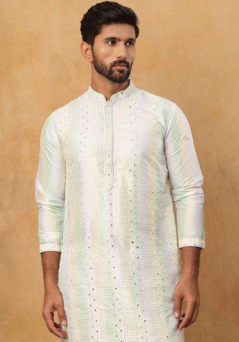 Multi Embroidered Silk Blend Kurta For Men