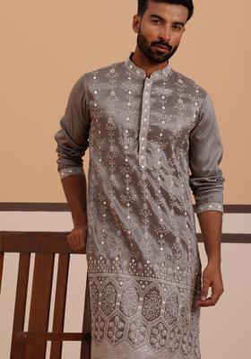 Grey Embroidered Silk Kurta For Men