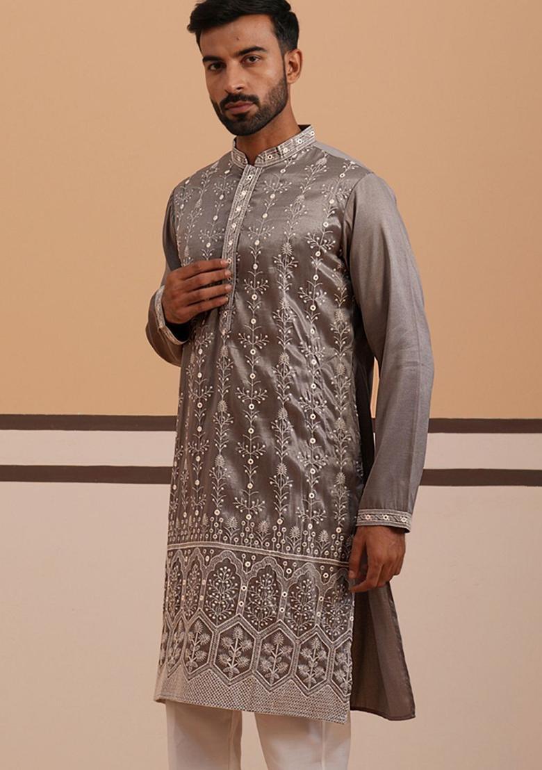 Grey Embroidered Silk Kurta For Men - Indya