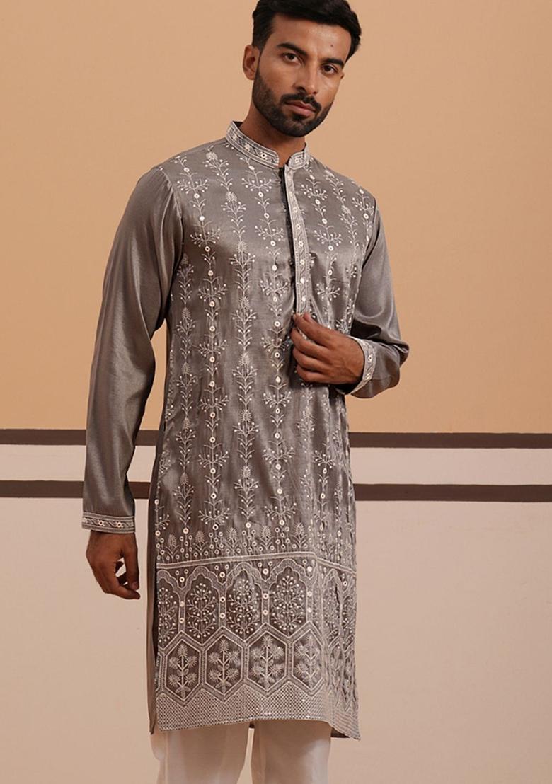 Grey Embroidered Silk Kurta For Men - Indya