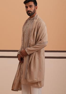 Beige Embellished Silk Kurta With Dupatta For Men