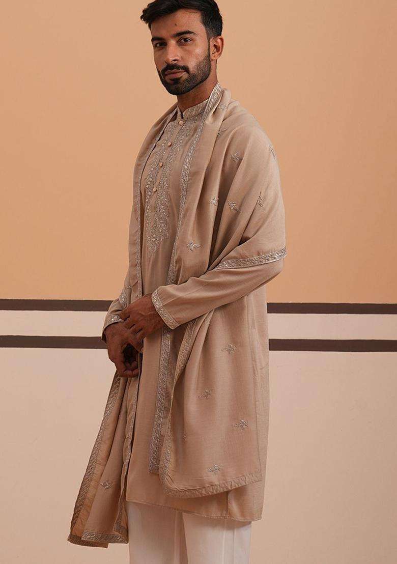 Beige Embellished Silk Blend Kurta With Dupatta For Men - Indya