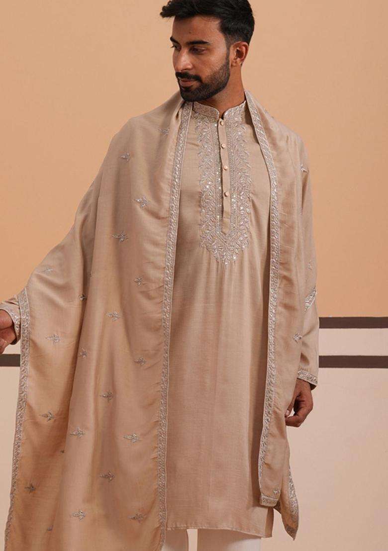 Beige Embellished Silk Blend Kurta With Dupatta For Men - Indya