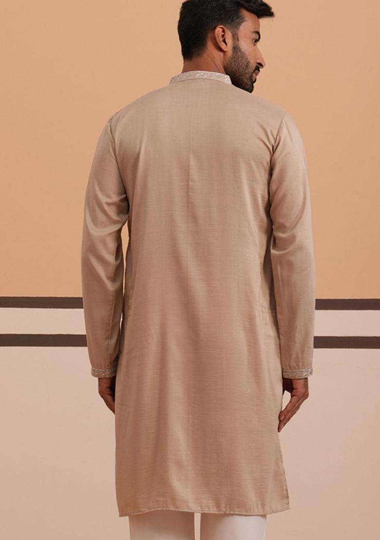Beige Embellished Silk Blend Kurta With Dupatta For Men - Indya