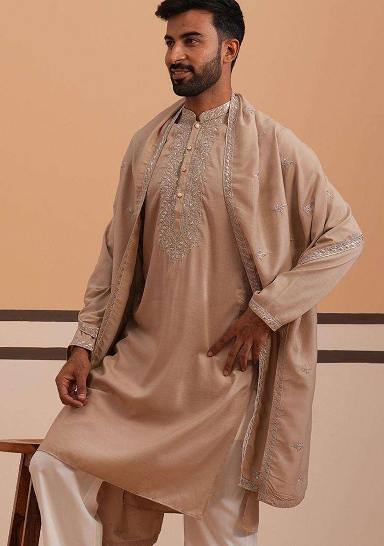 Beige Embellished Silk Blend Kurta With Dupatta For Men - Indya