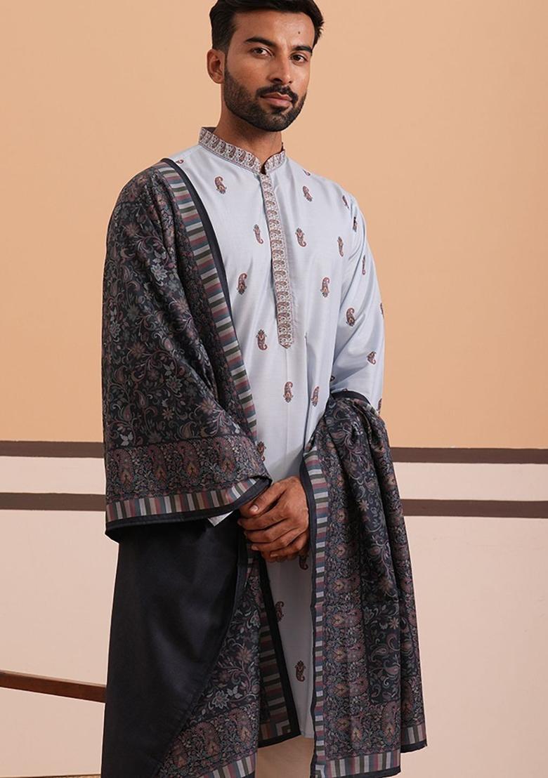 Blue Printed Cotton Kurta With Dupatta For Men - Indya