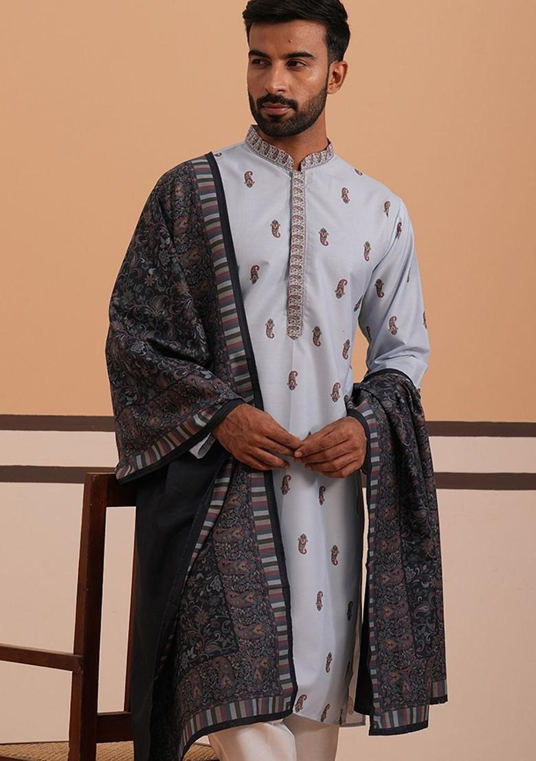 Blue Printed Cotton Kurta With Dupatta For Men - Indya
