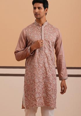 Peach Embroidered Silk Kurta For Men