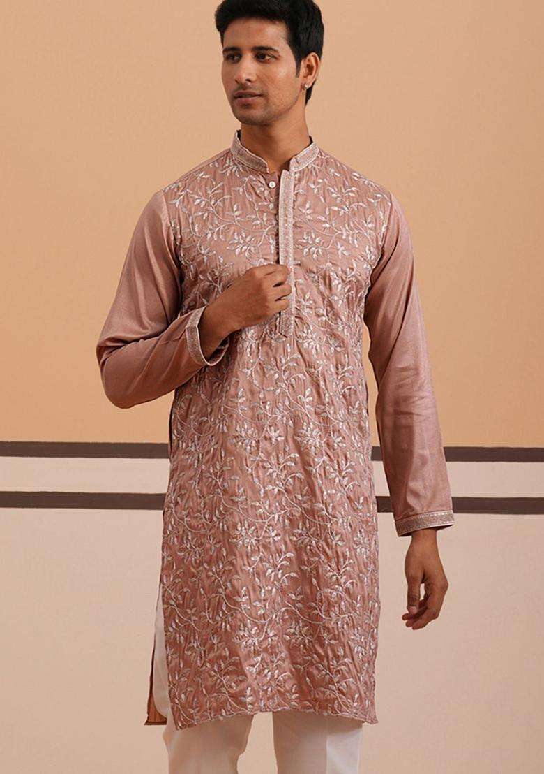 Peach Embroidered Silk Blend Kurta For Men - Indya