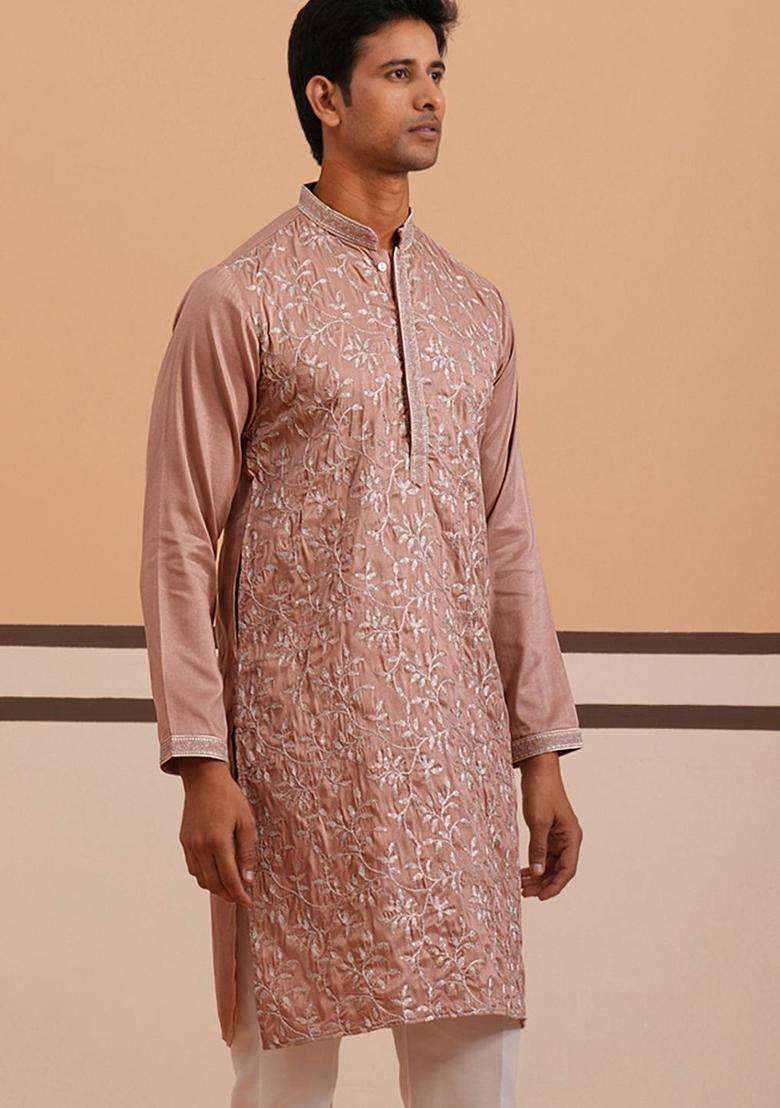 Peach Embroidered Silk Blend Kurta For Men - Indya