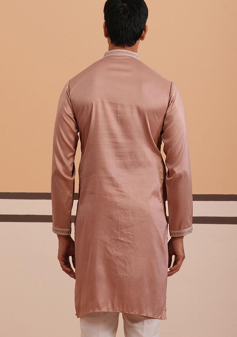 Peach Embroidered Silk Kurta For Men - Indya