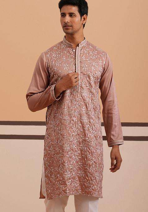 Peach Embroidered Silk Blend Kurta For Men
